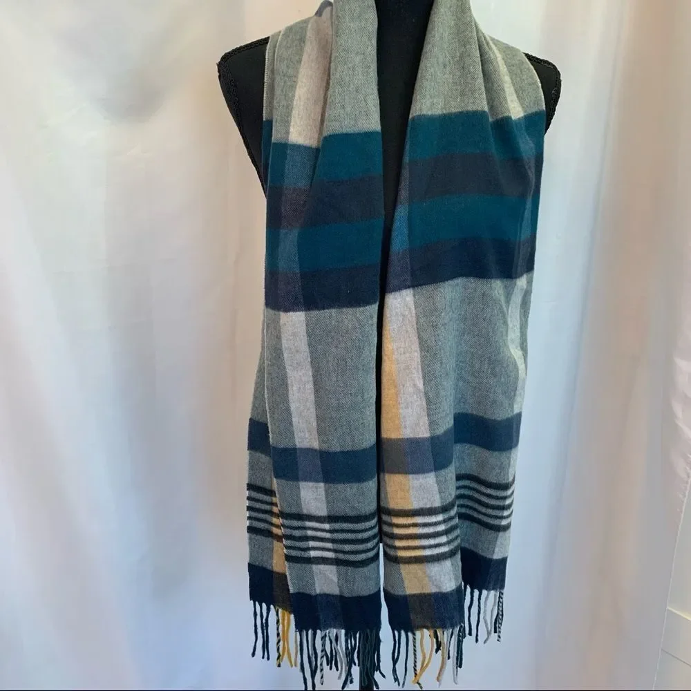 Etereo blue yellow plaid check warm fall winter soft scarf 💥